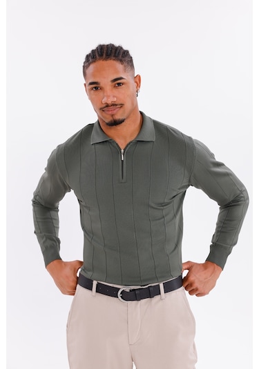 Monox Erkek Yarım Fermuarlı Polo Yaka Triko Kazak Haki