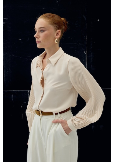 Sateen Plise Kollu Gömlek - Bej-137086 bej