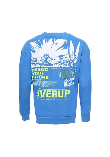 Bisiklet Yaka Ön Ve Arka Baskılı Erkek Mavi Sweatshirt - Wessi Siyah