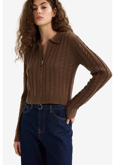 Defacto Regular Fit Polo Yaka Fermuarlı Triko Hırka A3331ax25wnbn319 Kahve