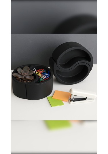 El Yapımı Yin Yang Şeklinde Dekoratif Saklama Kabı / Saksı 2 Li Set - Siyah