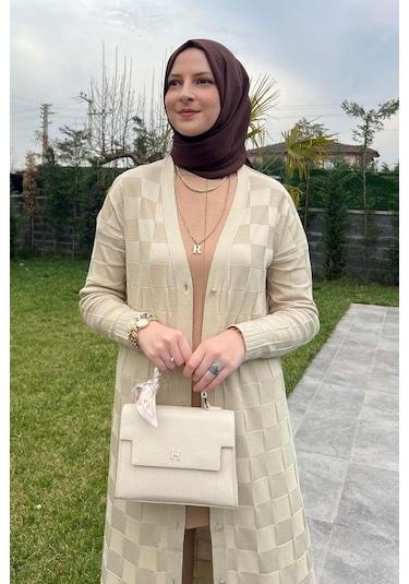 Rabia Şamlı Dama Desenli Taş Triko Hırka Çok Renkli