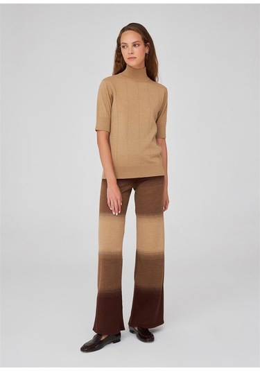 Peraluna Balıkçı Yaka Kısa Kollu Basic Kadın Triko Bluz Camel-Camel