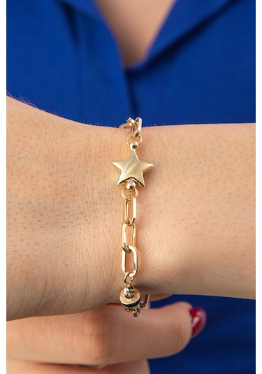 14 Ayar Altın Yıldız Detaylı Oval Ataç Bileklik