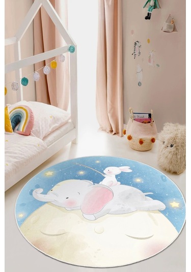 Ay Üstünde Bir Masal Tavşanlı Ve Fil Temalı Yuvarlak Kaymaz Taban Halı Mavi