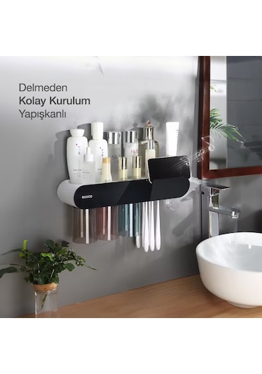 Ecoco Yapışkanlı Manyetik 3'lü Bardak Tutuculu Diş Macun Sıkacağı Siyah
