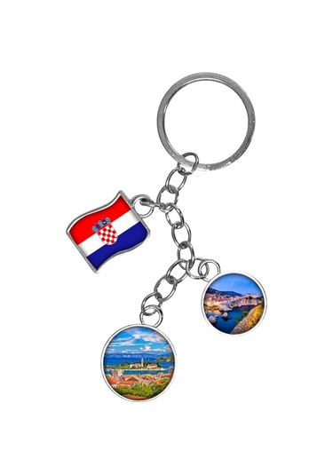 Hırvatistan Üçlü Epoksi Metal Çift Taraflı Damla Anahtarlık Croatia Gümüş