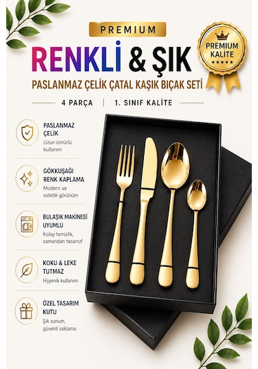 Premium Paslanmaz Çelik Çatal, Kaşık Ve Bıçak Seti Modern Gold Renk 4 Parça