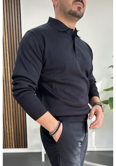 Erkek Düğmeli Polo Yaka Kazak Lacivert Edw231 Lacivert