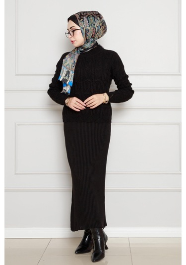 Dantel İşlemeli Jileli Triko Takım-siyah-4434 Siyah