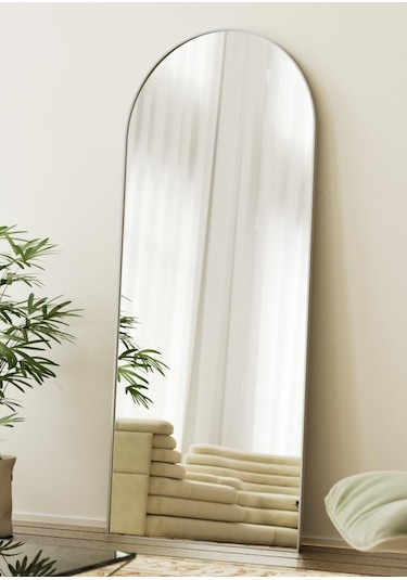 Zer 180x66 Kemerli Zemin Aynası,tam Boy Aynalı Duvar Aynası, Yatak Odası, Giyinme Odası İçin Standlı GÜMÜŞ