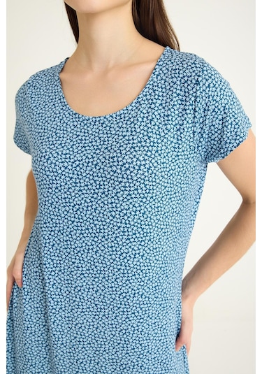 Dökümlü Rahat Kalıp Günlük Penye Kumaş Elbise Mavi