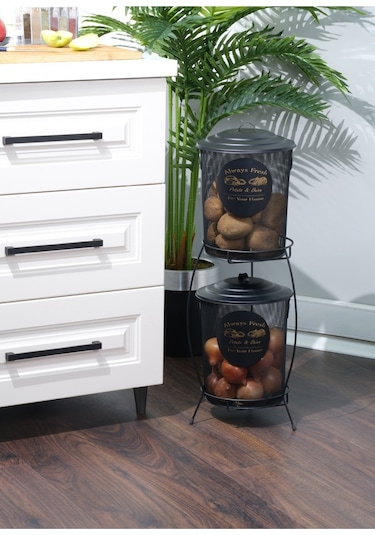 Bayev Fileli 2 Katlı Siyah Patates Soğan Kovası Sepeti Kabı Kutusu Ekonomik Boy Kapaklı