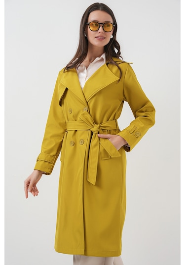 5918 Kruvaze Yaka Trençkot - Yağ Yeşil Yeşil