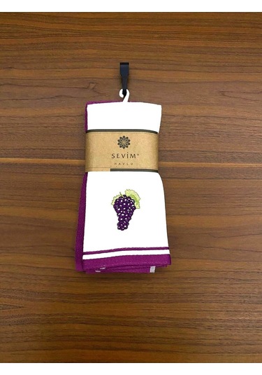 2 Li Mutfak Havlusu Mor Renk Üzüm Nakışlı Mor