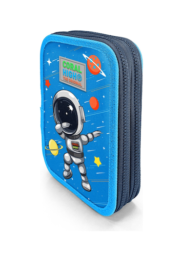 Coral High Kids Lacivert Mavi Astronot Desenli Çift Katlı Kalem Çanta 11149 Mavi
