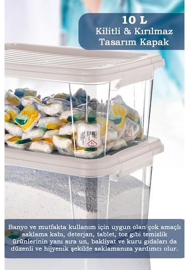 2'li Mega 10l Un Bakliyat Erzak Kabı - Kilitli Kapaklı Banyo Düzenleyici Deterjanlık Saklama Kutusu Bej