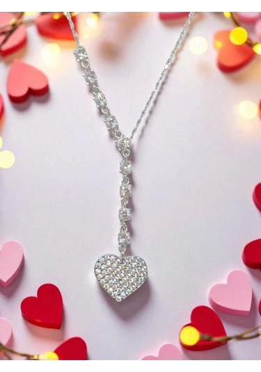 Tamamen Taşlı Kalpli 925 Ayar Gümüş Y Kolye Göz Alıcı Ve Işıltılı Tasarım Gümüş