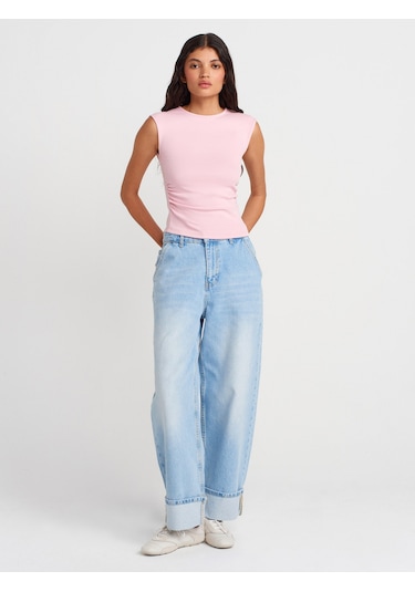 Dilvin 21054 Büzgülü Basic T-shirt-toz Pembe Toz Pembe