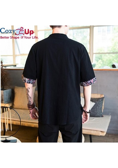 Rahat Up Çin Tarzı 1/2 Kollu Casual Gömlek Erkek İnce Stand Yaka Nakış Pamuk Ve Keten Gri Mavi Gri - Mavi