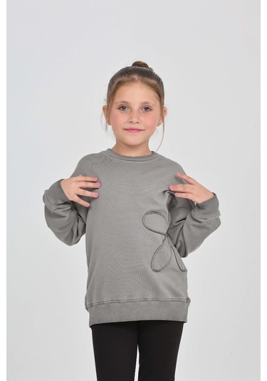 Toontoy Kız Çocuk Çiçek Nakışlı Sweatshirt Füme Melanj