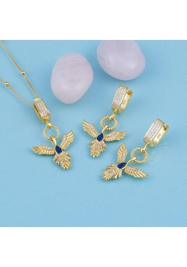 Gümüş Pazarım Safir Taşlı Altın Kaplama Anka Kuşu 925 Ayar Gümüş Set Gümüş