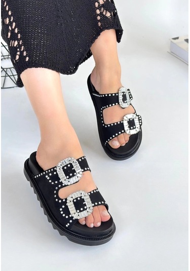 Juana Siyah Nubuk Taşlı Terlik Çok Renkli