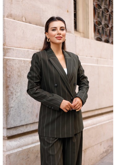 4 Düğmeli Kruvaze Geniş Çizgili Takım Haki Haki