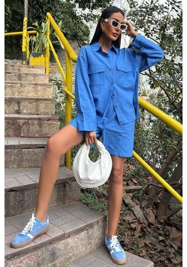 Gömlek Ve Şort Flamlı Keten Takım 10130 Mavi