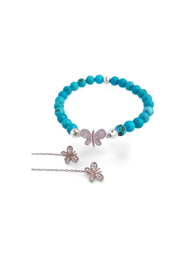 Gümüş Firuze Turkuaz Doğal Taşlı Bileklik Kelebek Zincir Küpe Çoklu Kombin Açık Mavi