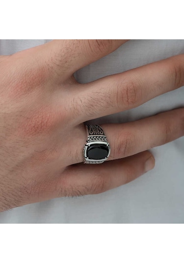 Gümüş Oniks Taşlı Örgü Desenli Erkek Yüzük - 555896279