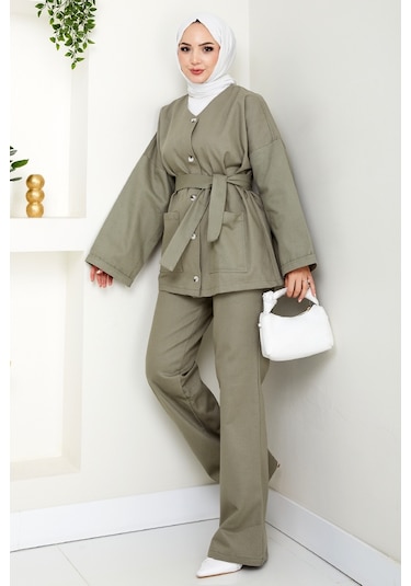 Kemerli Ceket Pantolon Gabardin Takım 1557 - Mint Mint Yeşili