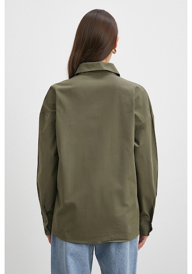 Düğme Detaylı Pamuklu Gömlek Haki Haki