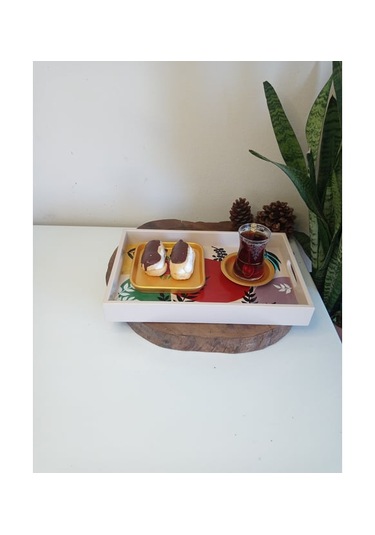 El Boyaması Desenli Ahşap Dikdörtgen Model Çay , Kahve , Söz Nişan Dekoratif Servis Sunum Tepsisi Çok Renkli