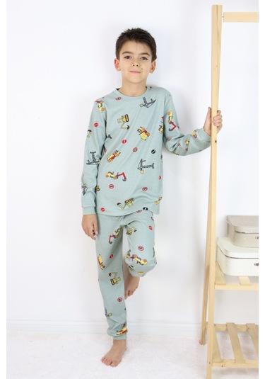 Erkek Çocuk Baskılı İnterlok Kumaş Uzun Kollu Pijama Takımı Açık Yeşil