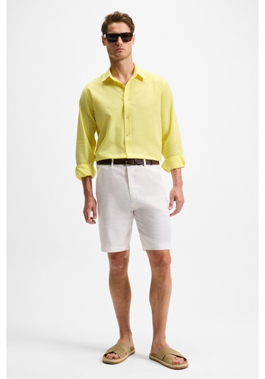 Lasse Erkek Gömlek Yaka Manşetli Uzun Kollu Regular Fit Keten Karışımlı Sarı Gömlek