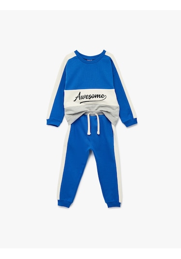 Koton Pamuklu Şardonlu Baskılı Renk Bloklu 2'li Eşofman Takımı Mavi 6wmb10208tk Mavi