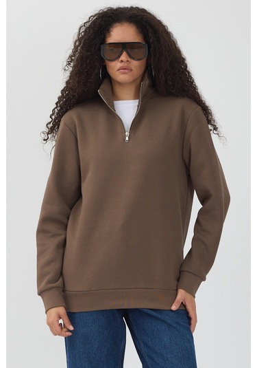 Unisex Regular Fit Rahat Kesim Pamuklu Içi Polarlı Yarım Fermuarlı Kahverengi Dik Yaka Sweatshirt Kahverengi