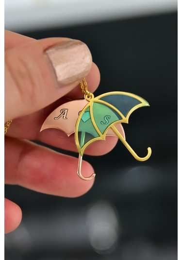 925 Ayar Gümüş Gold-rose Kaplama Rüya Serisi Cam Boyalı Harfli Şemsiye Kolye