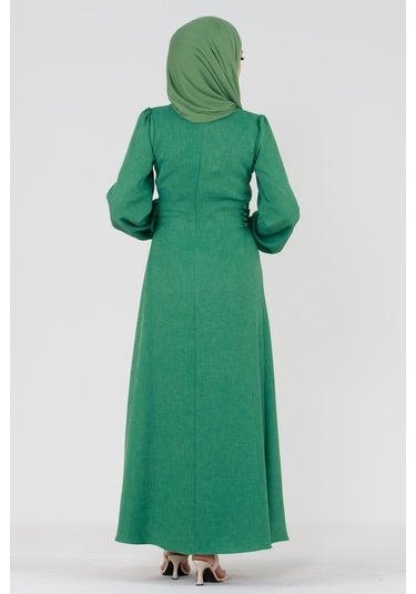 Yanı Bağcıklı Keten Elbise-yeşil-3369-kiremit Kiremit