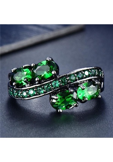 Zarif Oval Kesim Mavi Cz Taş Alyans Siyah Altın Takı Hediye Boyutu 5-11 6 Yeşil