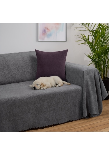 Jakarlı Şönil Koltuk Örtüsü Kanepe Örtüsü Koltuk Şalı 175x300 Kaymaz Gri Gri