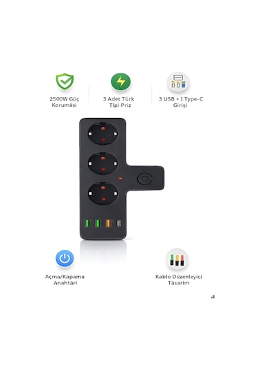 Ftro12 Kablosuz Termal Akım Korumalı 3'lü Priz 3'usb 1'type-c 20w