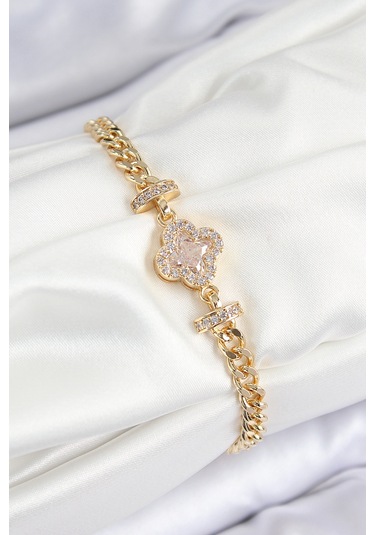 Pirinç Zirkon Taşlı Yonca Model Gold Renk Kadın Bileklik - Tj-bb7537 Diğer