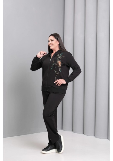 Kapüşonlu Fermuarlı Boncuk Nakışlı Takım Siyah