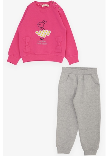 Breeze Kız Çocuk Eşofman Takım Çiçek Temalı Tavşancık Nakışlı 1-4 Yaş, Fuşya-fuşya Fuşya