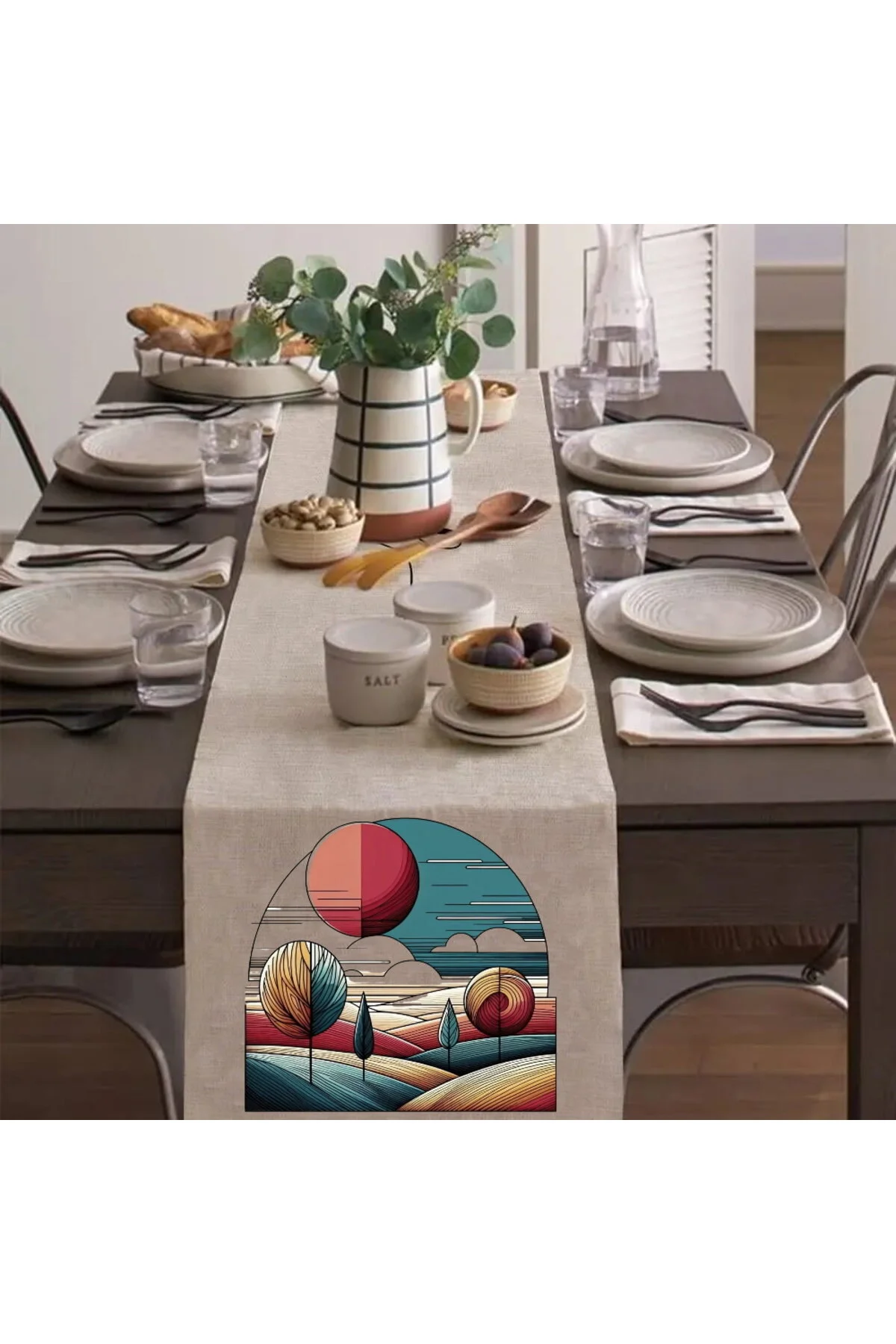 Modern Çizgi Manzara Runner, Runer, Masa Örtüsü, Sofranıza Zarafet Katın Runner, Masa Örtüsü Çok Renkli
