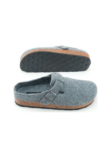 Gezer Erkek Kışlık Keçe Mantar Taban Tek Toka Ayarlanabilir Rahat Taban Ev Bahçe Terlik Gri