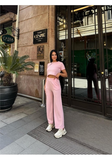WeShaya Pembe Modal Keten Dokulu Bisiklet Yaka Takım Pembe