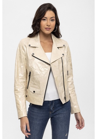 Bej Merlot Çıt Çıt Detaylı Yandan Fermuarlı Biker Motorcu Hakiki Deri Kadın Mont-bej Bej